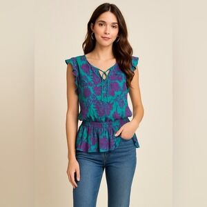 Express Green & Purple Ruffle Smocked Top S
